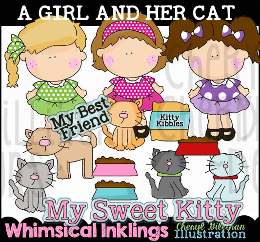 A Girl and Her Cat Sublimation Clipart|Pets