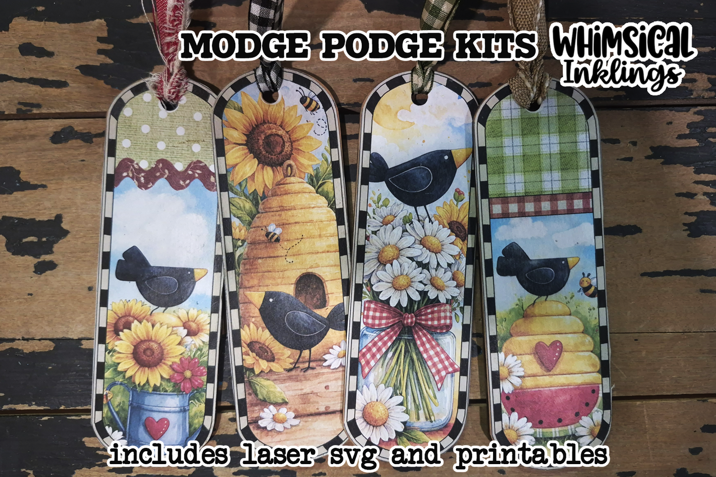 Crow and Flowers Bookmark Laser SVG Set with Modge Podge Printables |Laser SVG