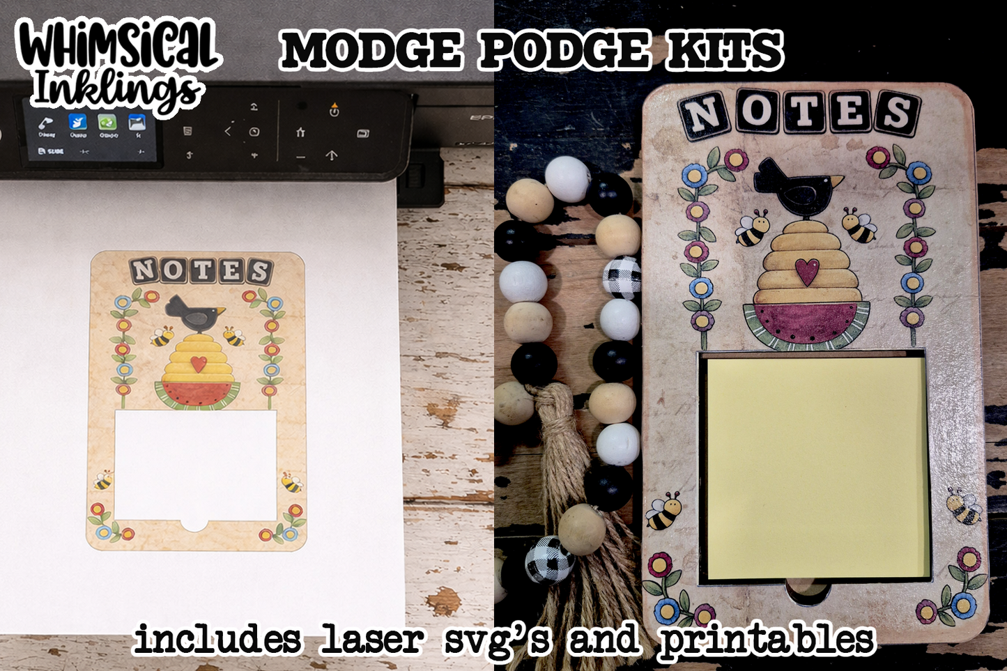 Crow Notes Notepad Holder SVG and matching Modge Podge printable | Laser SVG