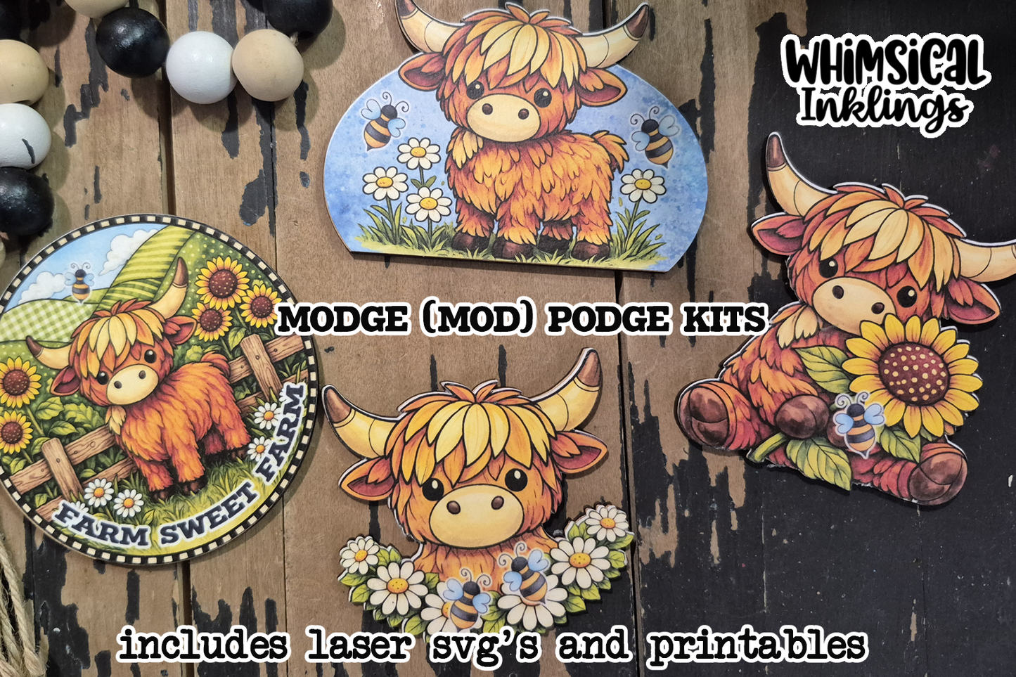 Farm sweet farm Highland Cow Magnet Laser Set and Modge Podge Printables| Laser SVG