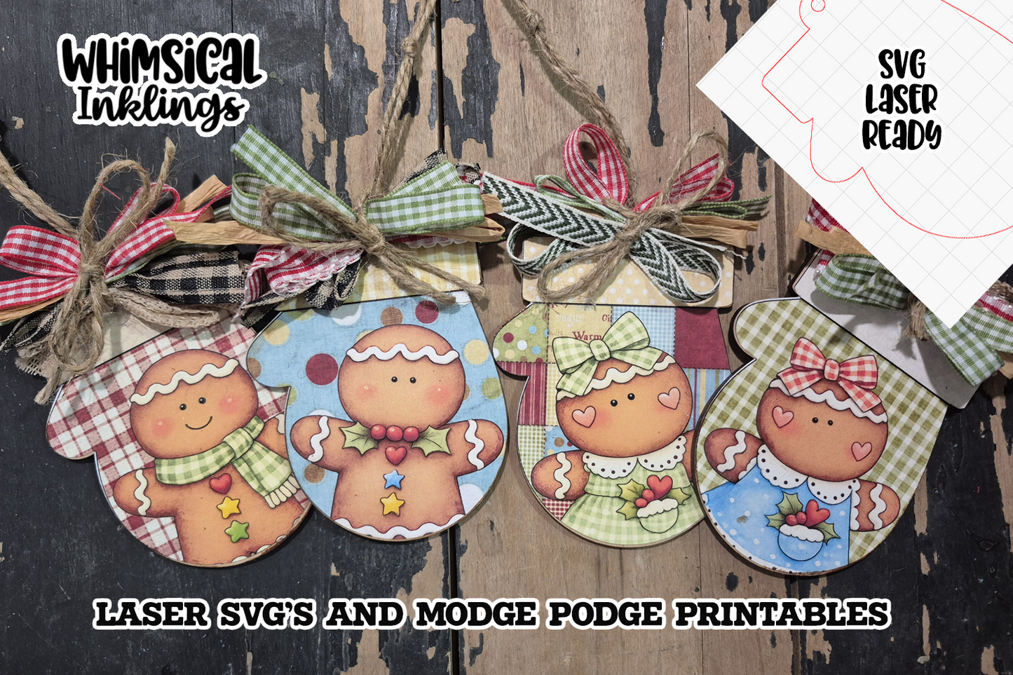 Gingerbread Mitten Ornaments SVG and Modge Podge Printables| Laser SVG