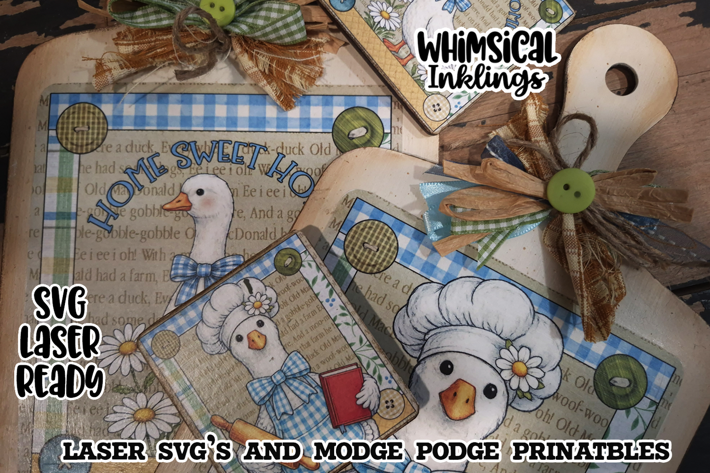 Gingham Goose bread Board and Magnet SVG and Modge Podge printables| Lasser SVG