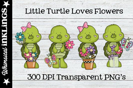 Little Turtle Loves Flowers Sublimation Clipart | Summer & Patriotic |