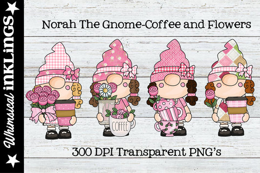 Norah The Gnome Coffee & Flowers Sublimation Clipart | Spring & Easter |