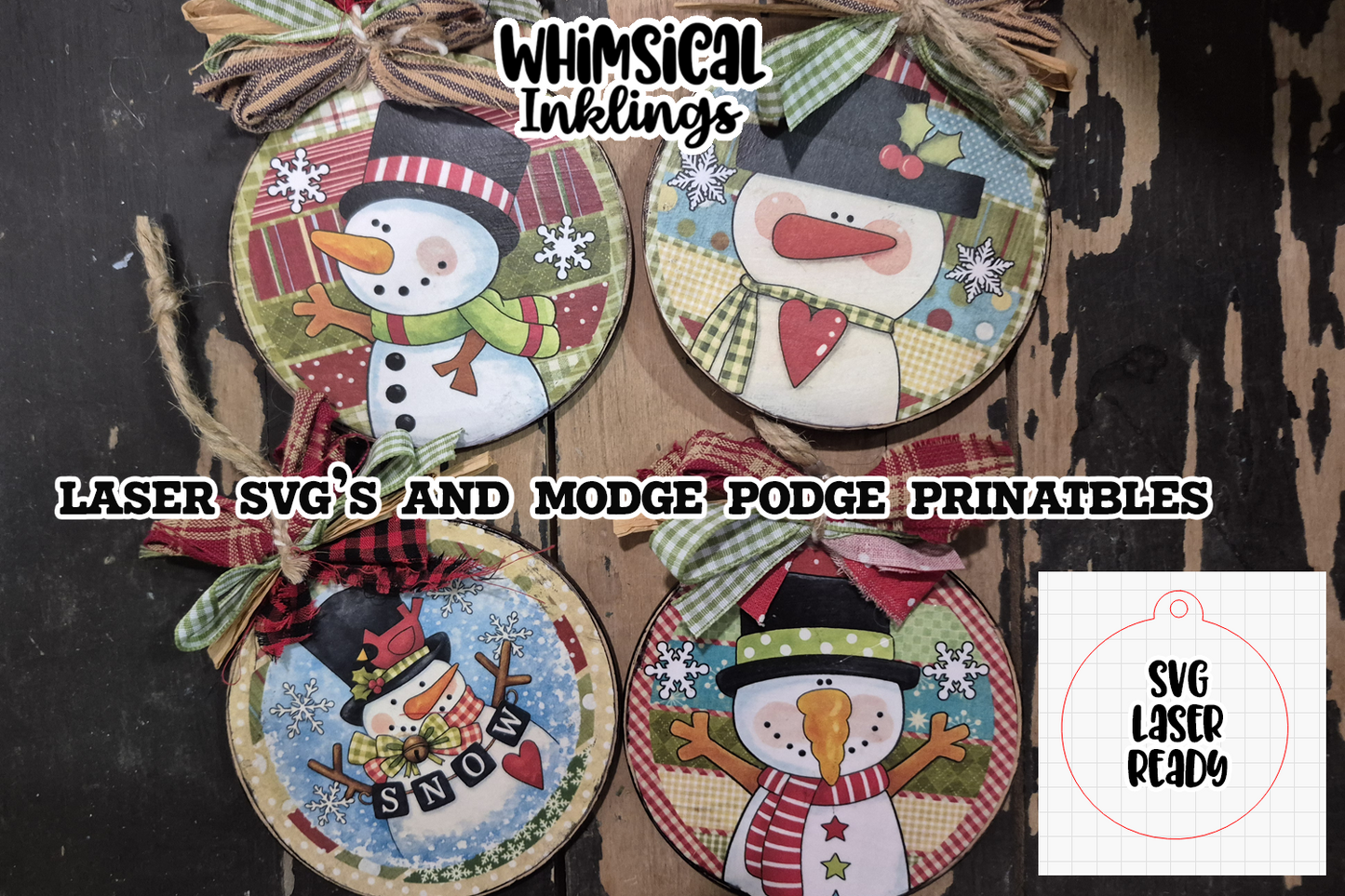 Quilted Snowman Ornaments SVG and Modge Podge Printables| Laser SVG