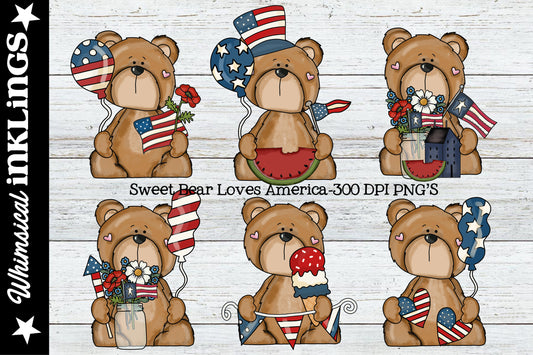 Sweet Bear Loves America Sublimation Clipart | Summer & Patriotic |