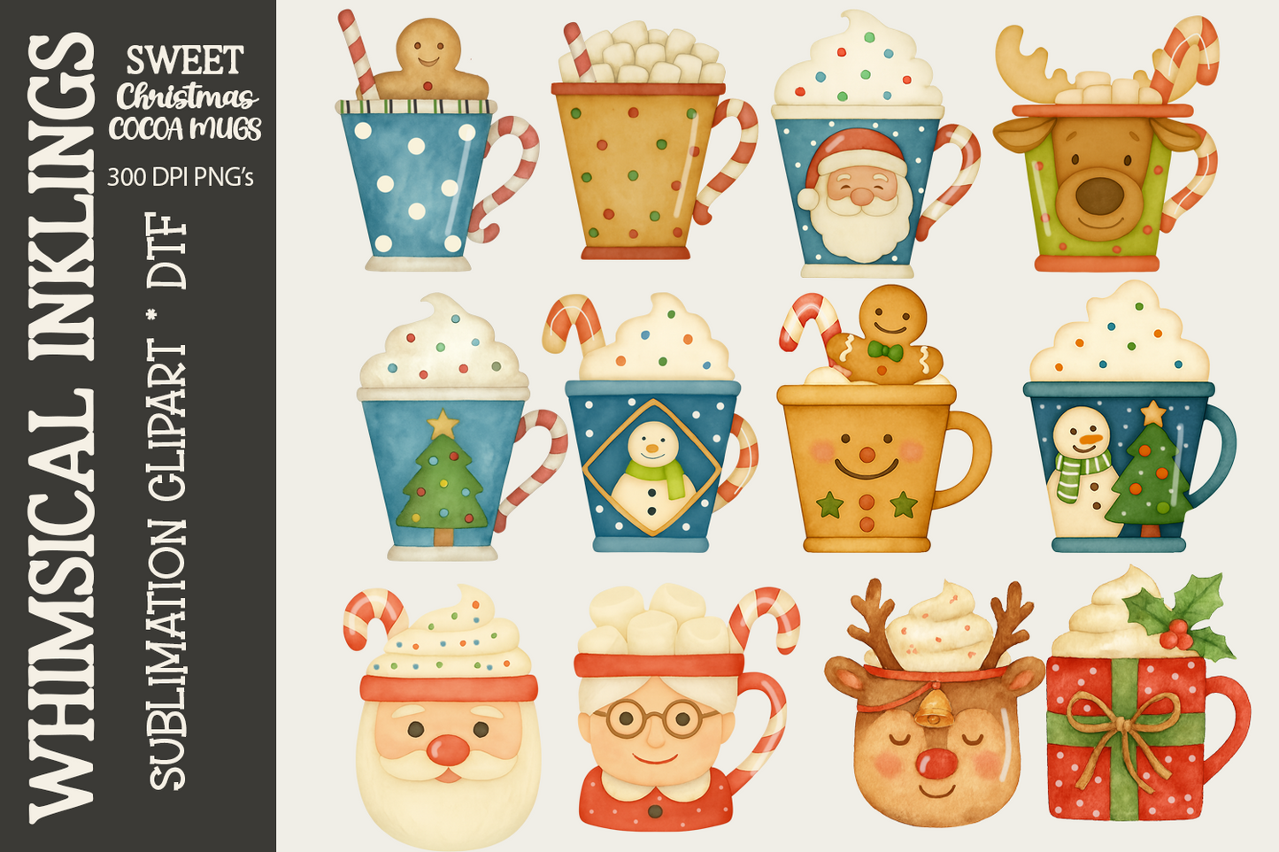 Sweet Christmas Cocoa Mugs Sublimation Clipart| Christmas DTF Clipart