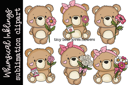 Tiny Bears Love Flowers Sublimation Clipart| Summer|Garden