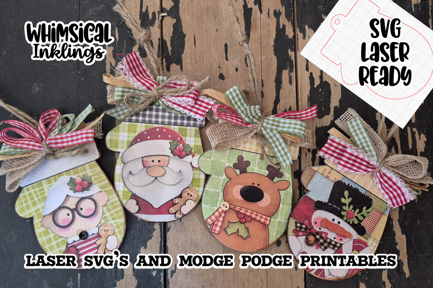 Whimsical Christmas Mittens Ornament SVG and Modge Podge Printables| Laser SVG