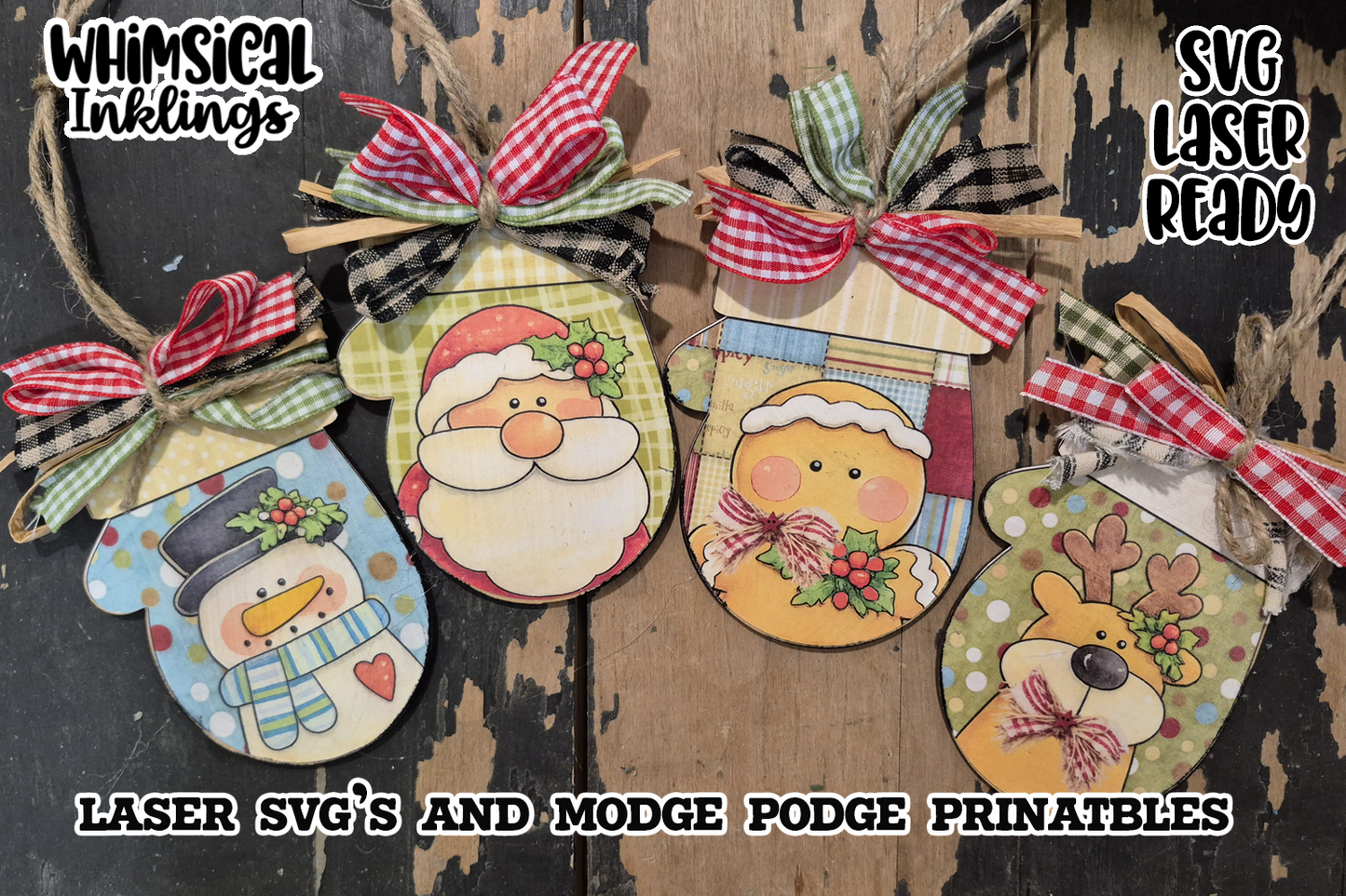 Winter Buddy Mitten Ornaments SVG and Modge Podge Printables| Laser SVG