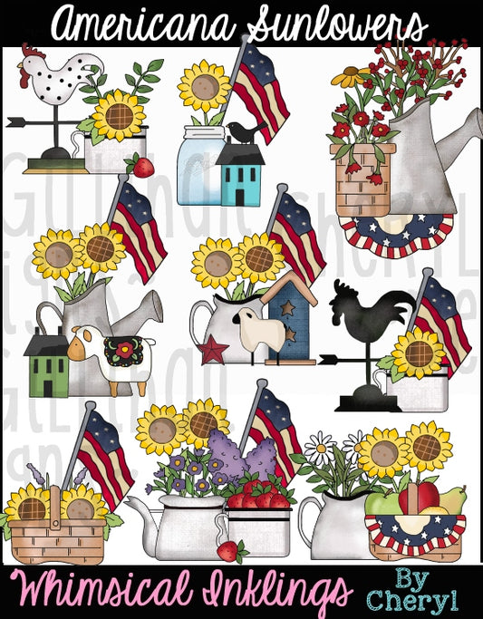 Americana Sunflowers Sublimation Clipart| patriotic