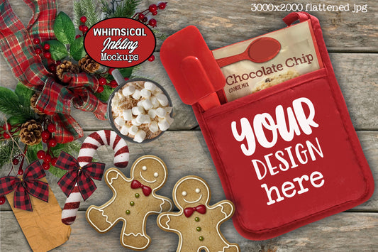 Gingerbread Red Christmas  Pot Holder Mock Up - Commercial Use Allowed