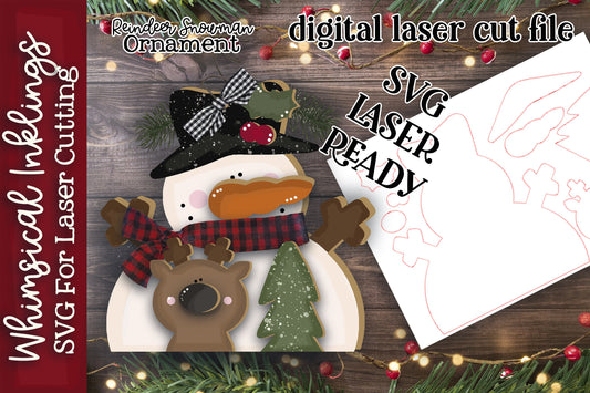 Reindeer Snowman Ornament SVG |Laser Ready Snowman| Glow forge Christmas Ornament|