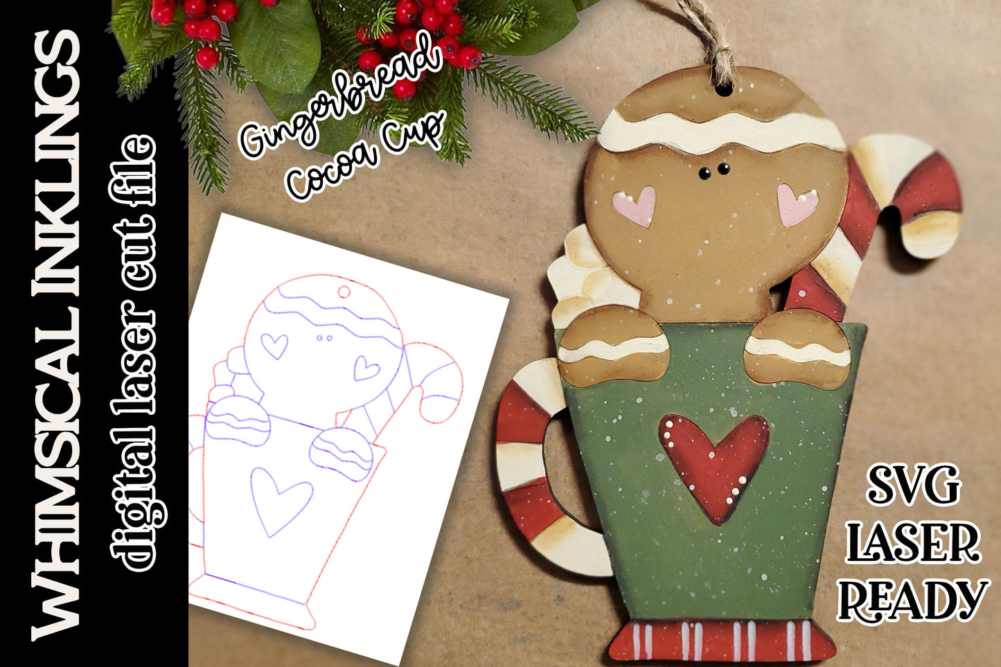 Gingerbread Cocoa Cup Ornament| Christmas SVG| Laser Cut Christmas Gingerbread| Glow forge| Ornament SVG