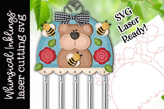 Bee Bear Wind Chime SVG |Laser Ready Bear SVG| Glow Forge Windchime| Bee SVG| Windchime