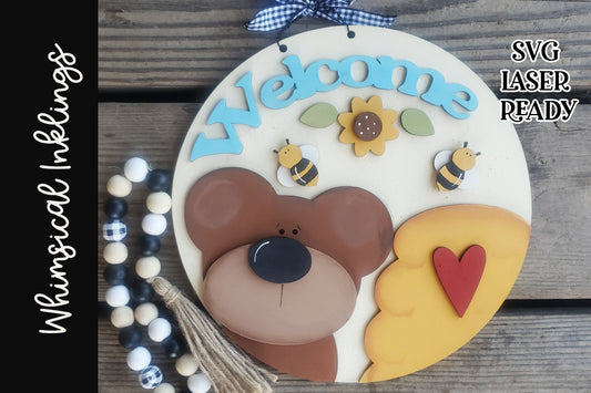 Honey Bear Welcome Sign SVG |Laser Ready Spring Sign| Glow Forge Summer| Bee Skep SVG| Bee Hive SVG