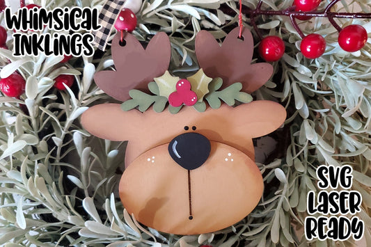 Holly Reindeer SVG| Laser Cut Reindeer Ornament| Glow forge|Christmas Ornament SVG