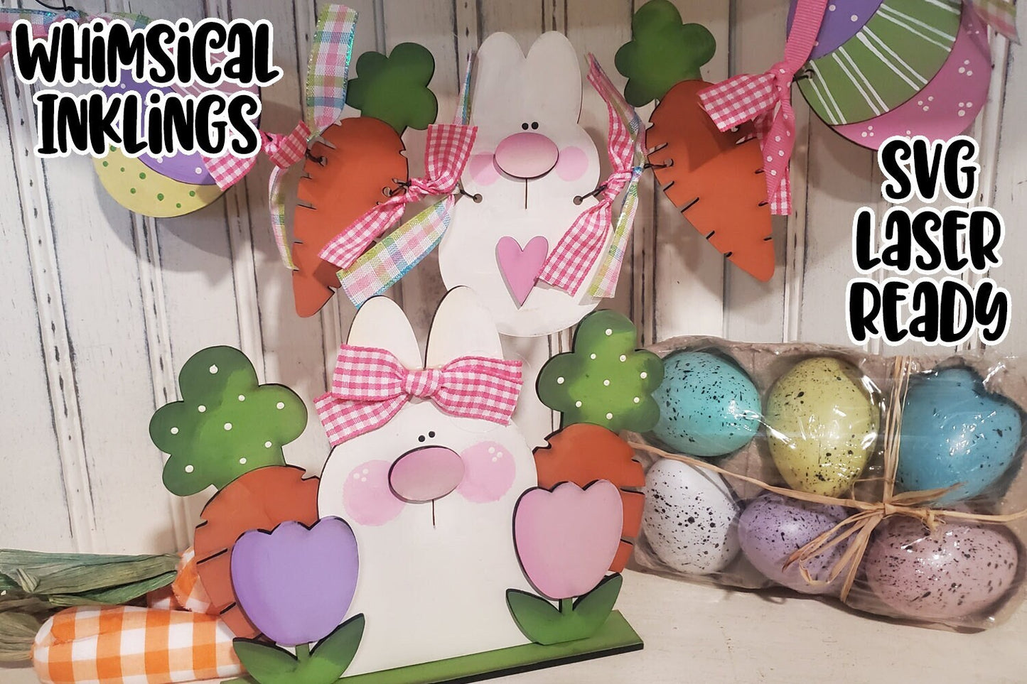 Sweet Easter Wishes Laser SVG Set| Easter Garland-Banner SVG |Laser Ready Easter Rabbit| Glow Forge Easter|