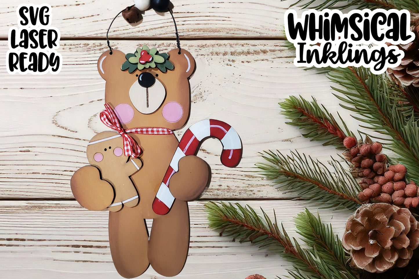 Candy Cane Christmas Bear Ornament Laser SVG