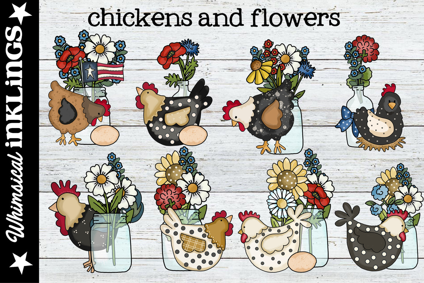 Chickens and Flowers Sublimation Clipart