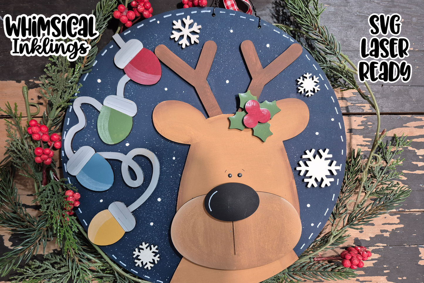 Christmas Lights Reindeer Sign Laser SVG