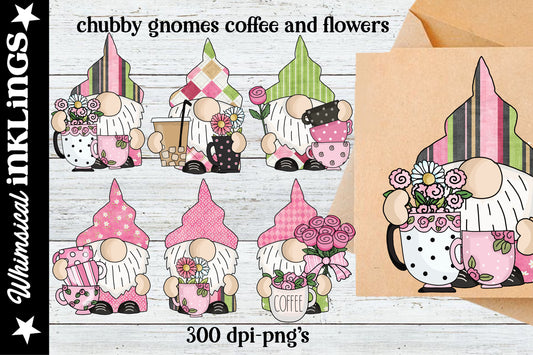 Chubby Gnomes Coffee and Flowers Clipart Set| Gnome Sublimation|