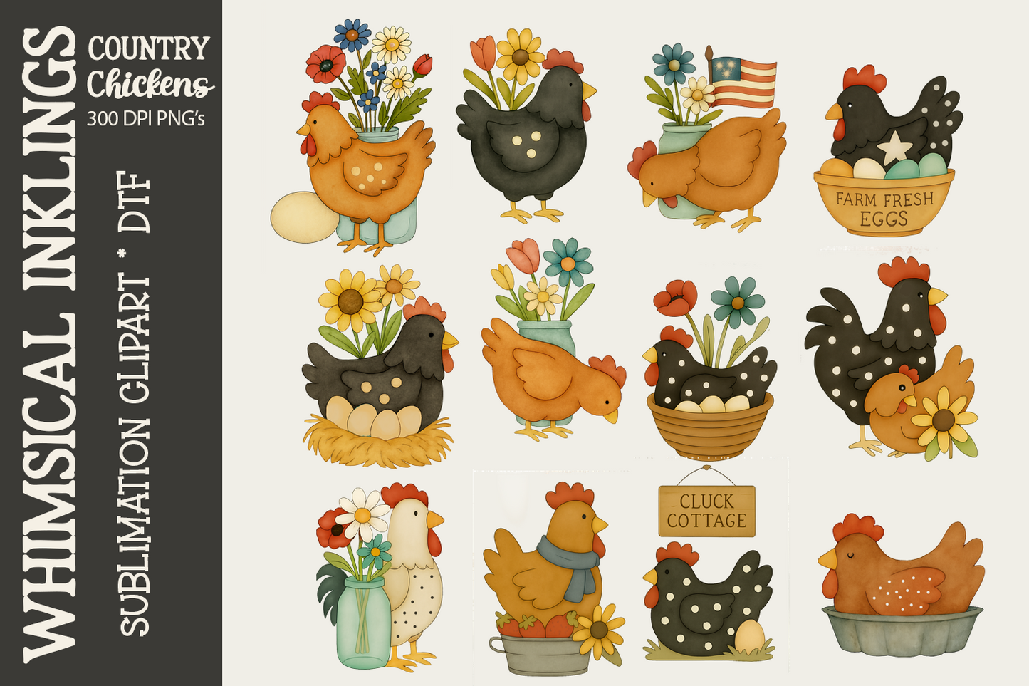 Country Chickens Sublimation Clipart| Chicken DTF Clipart