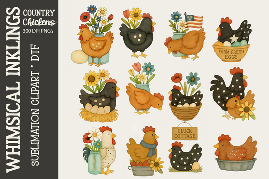 Country Chickens Sublimation Clipart| Chicken DTF Clipart