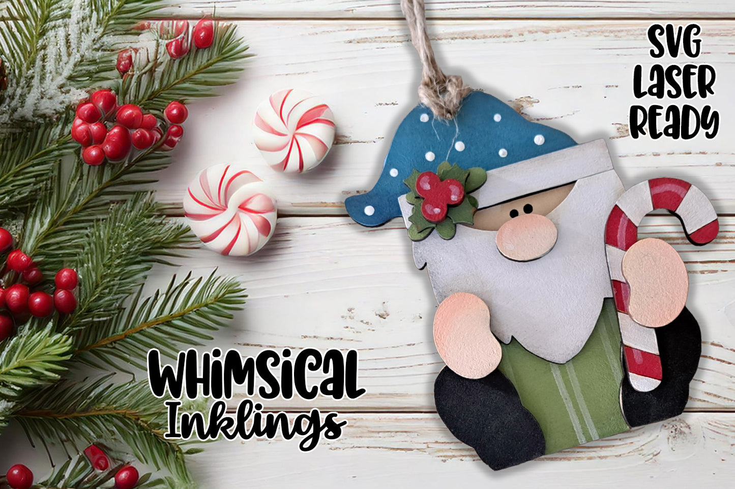 Cute Candy Cane Gnome Ornament Laser SVG