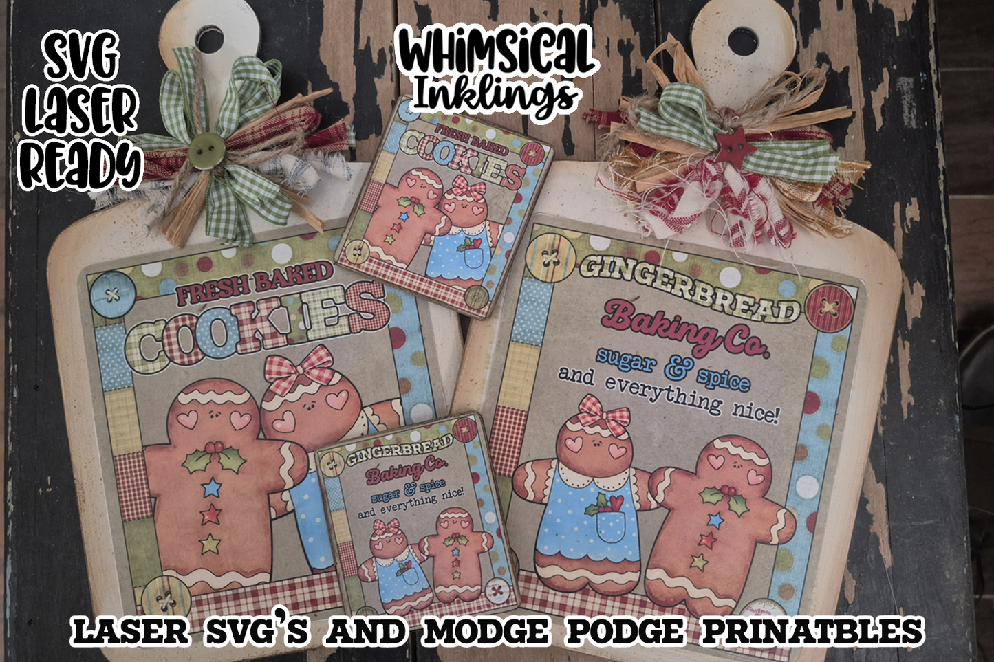 Gingerbread Bread Boards and Magnet SVG and Mod Podge Printables| laser SVG
