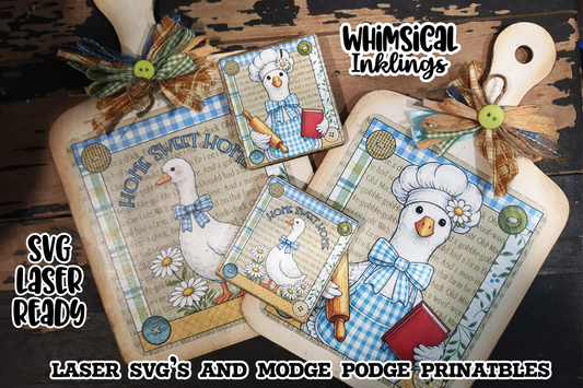 Gingham Goose bread Board and Magnet SVG and Modge Podge printables| Lasser SVG