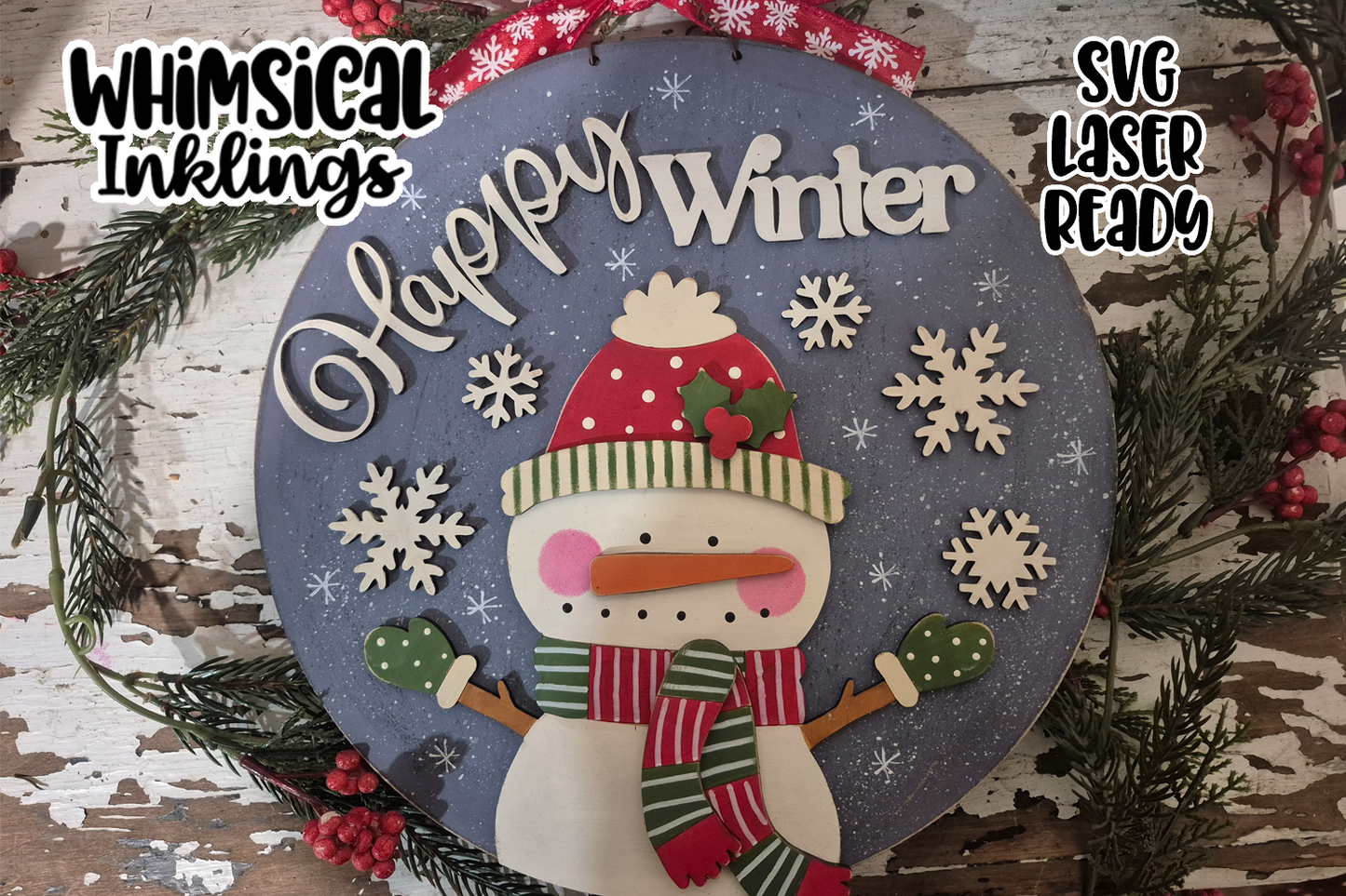 Happy Winter Snowman Sign Laser SVG