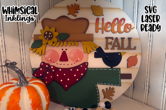 Hello Fall Scarecrow Round Sign Laser SVG