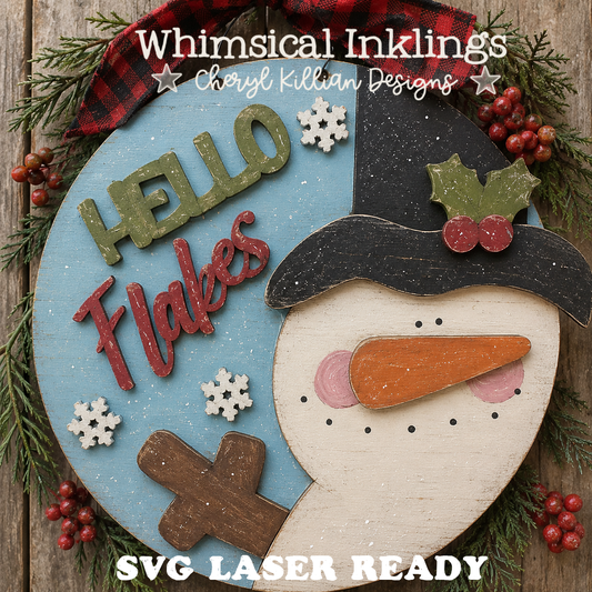 Hello Flakes- Snowman Sign SVG |Laser Ready Snowman| Glow forge Snowman Sign| Snowman SVG