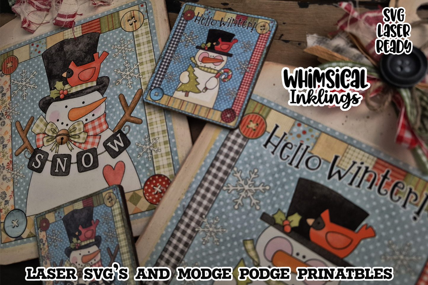 Hello Winter Breadboard and Magnet SVG's and Modge Podge Printables| Laser SVG