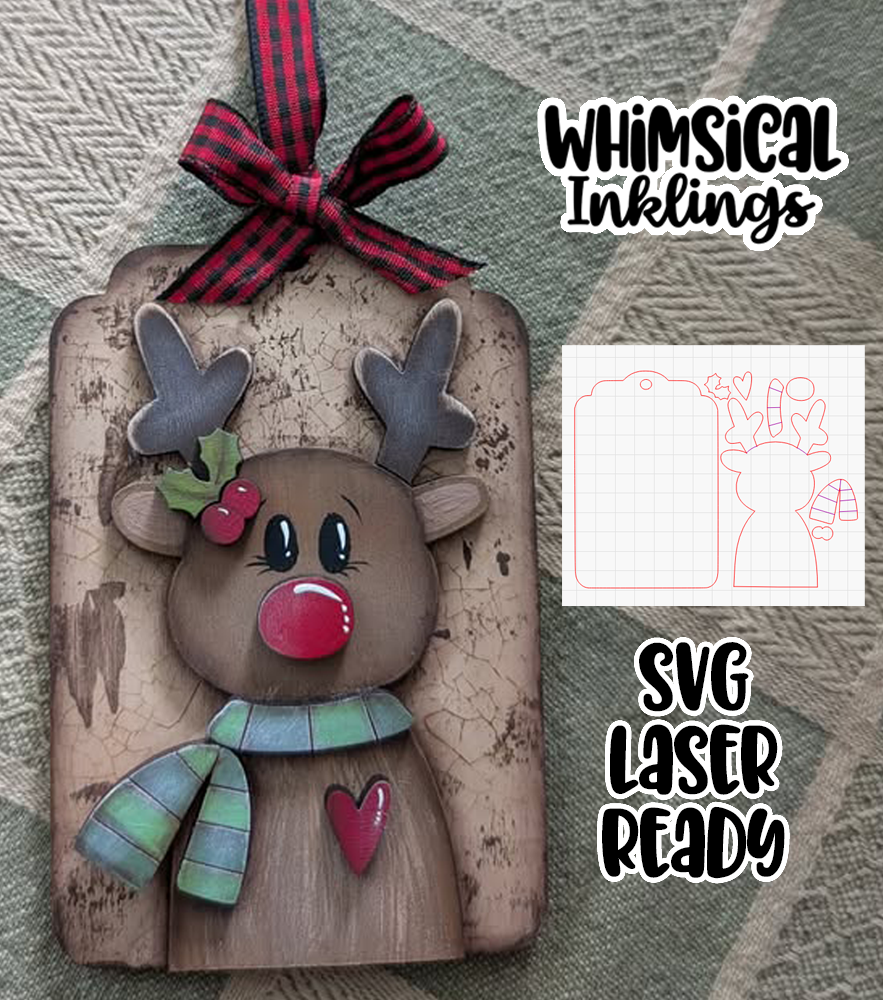 Holly Reindeer Tag Laser SVG