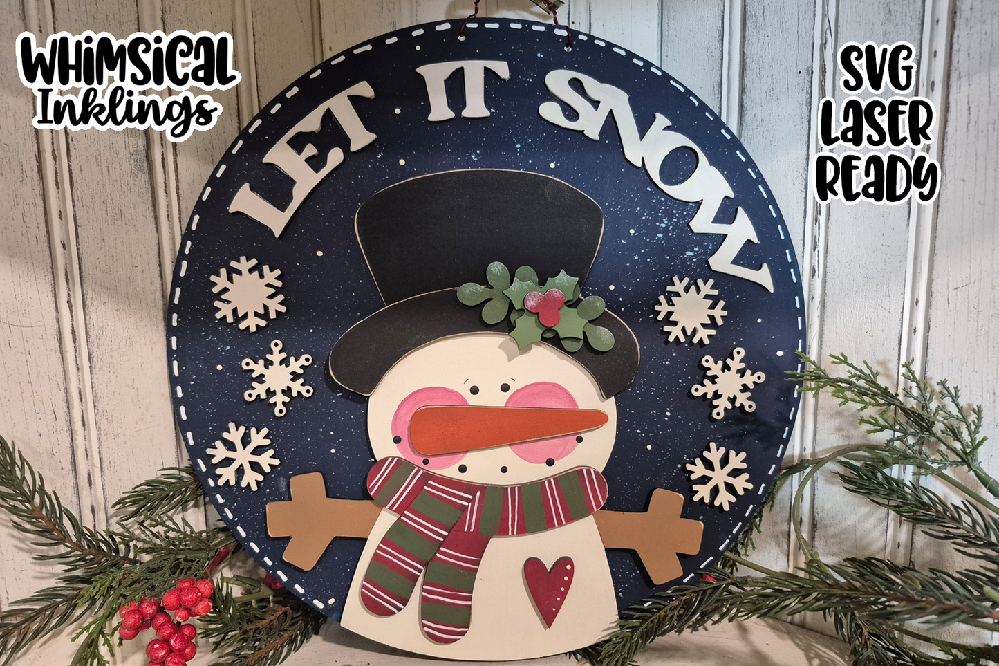 Let It Snow Round Snowman Sign Laser SVG