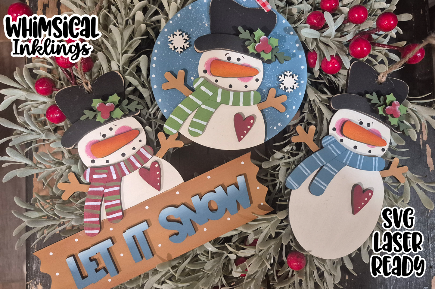 Let It Snow Snowman Trio Ornament Set SVG