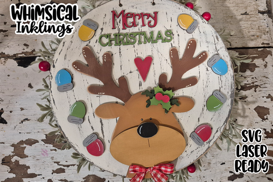 Merry Christmas Lights Reindeer Sign Laser SVG