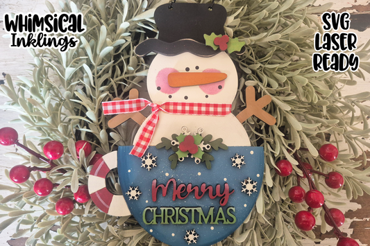 Merry Christmas Snowman Cup Ornament Laser SVG