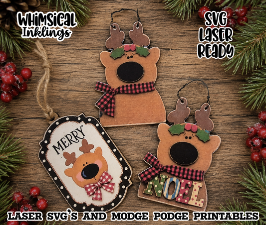 Merry Reindeer ornaments Laser SVG's and Modge Podge Printables