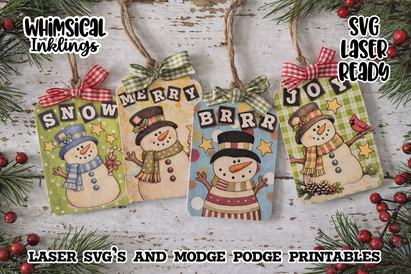 Merry Snowman Tags SVG and Modge Podge Printables| Laser SVG