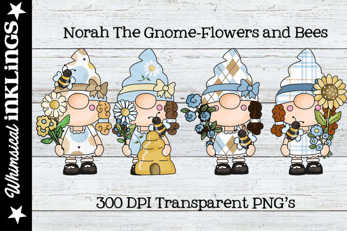 Norah The Gnome Flowers & Bee's Sublimation Clipart | Spring & Easter |