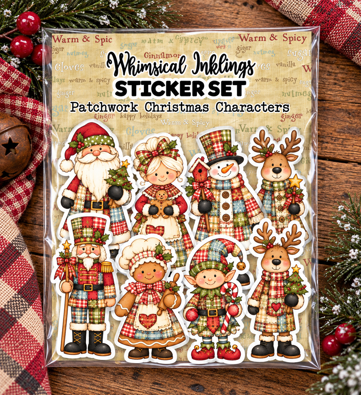 Patchwork Christmas Character Stickers| Christmas Printable