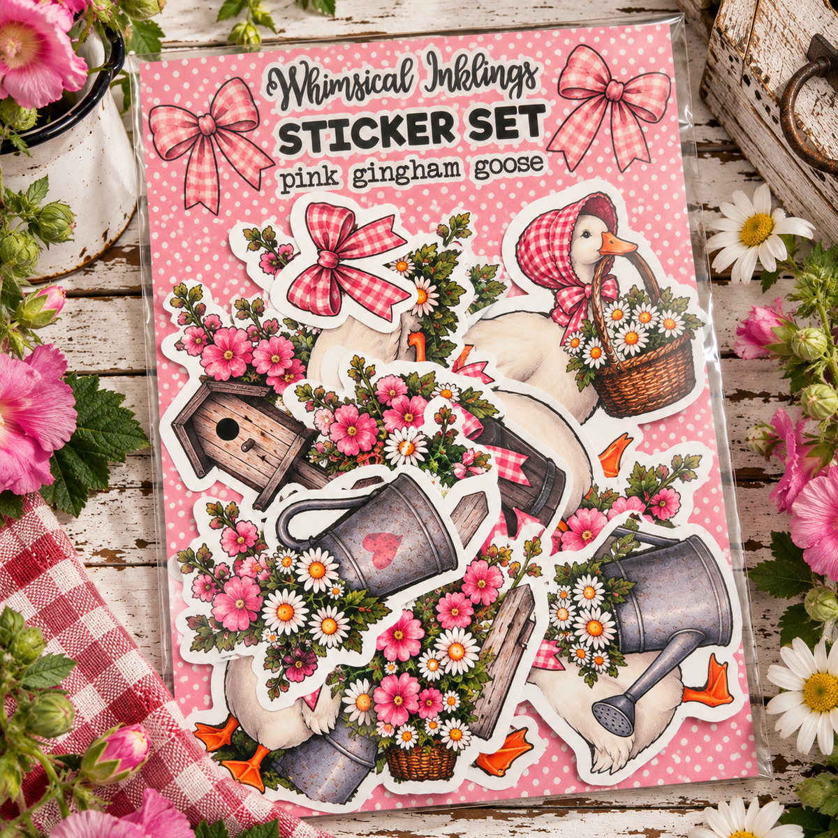 Pink Gingham Goose Sticker pack| Vintage Goose Stickers