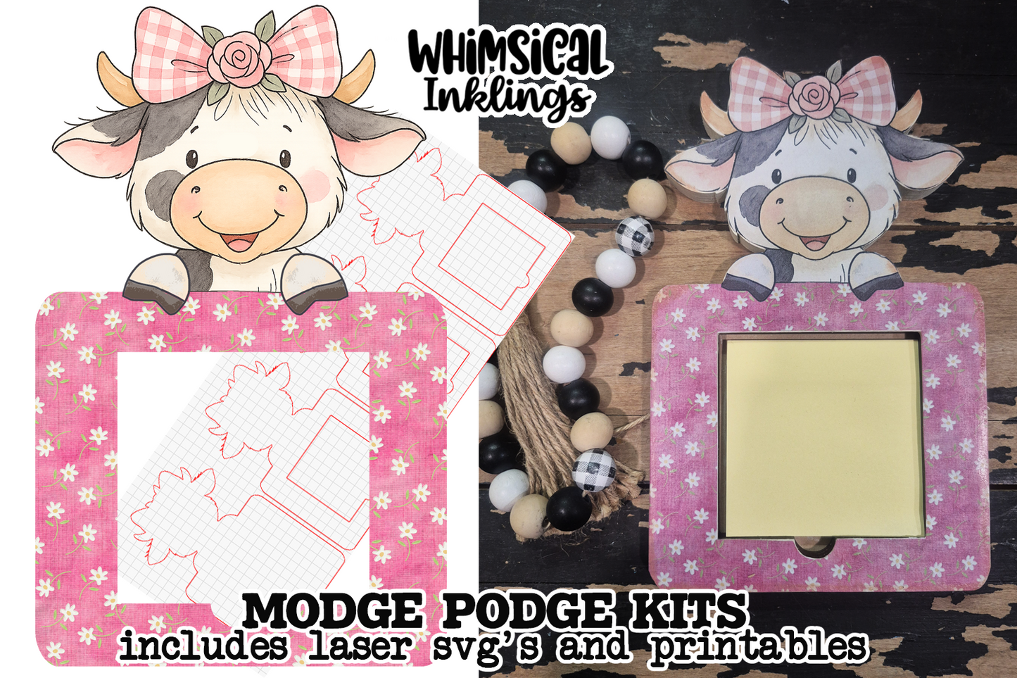 Rosie the Cow Note Holder SVG And Matching printable for Modge Podge| Laser SVG