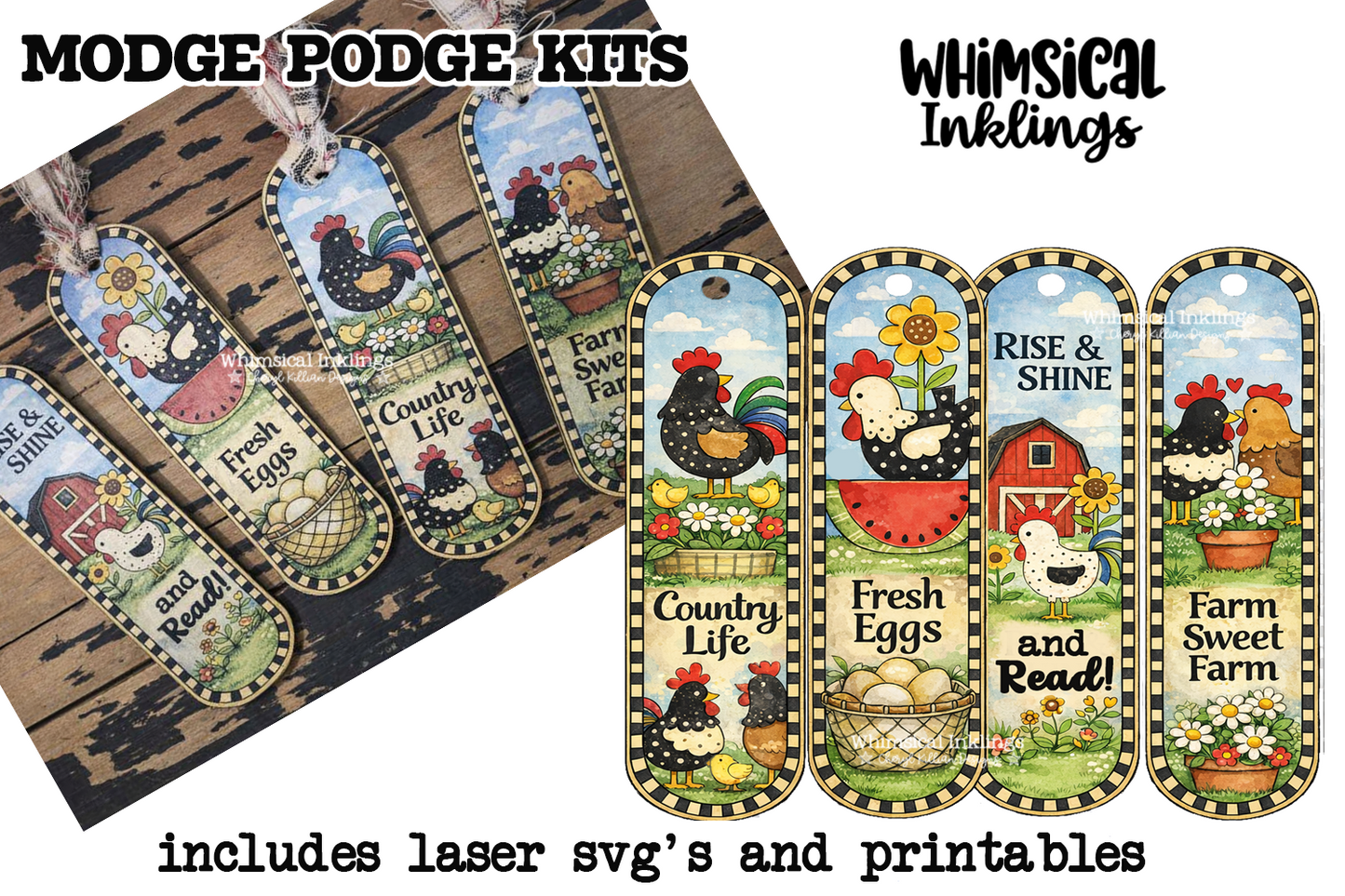 Silly Chickens Bookmarks Laser SVG and Printable Modge Podge Set| Laser SVG