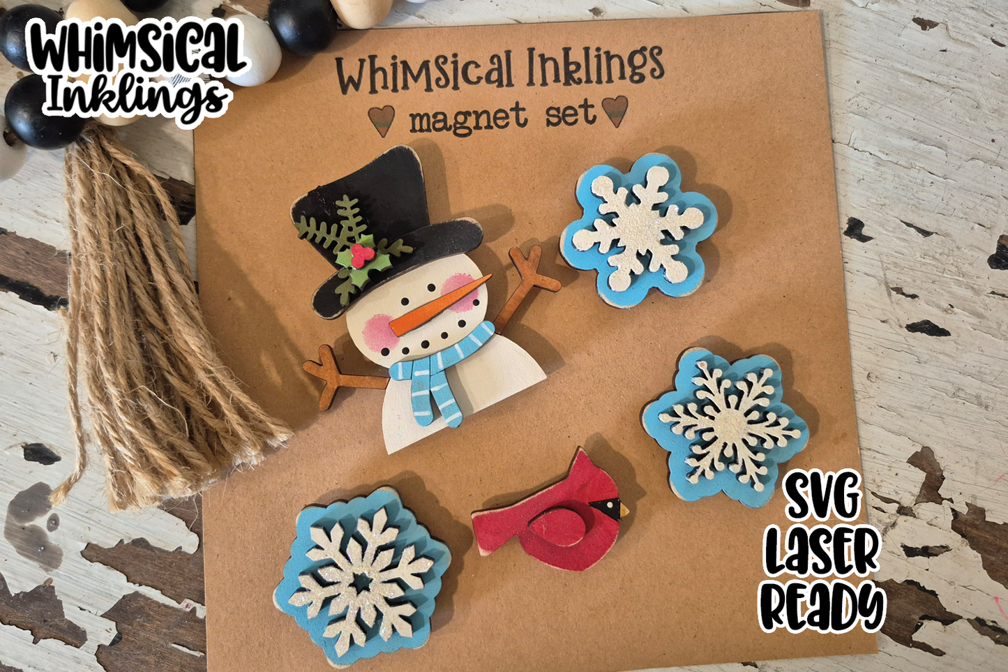 Snowflake Snowman Magnet Set Laser SVG