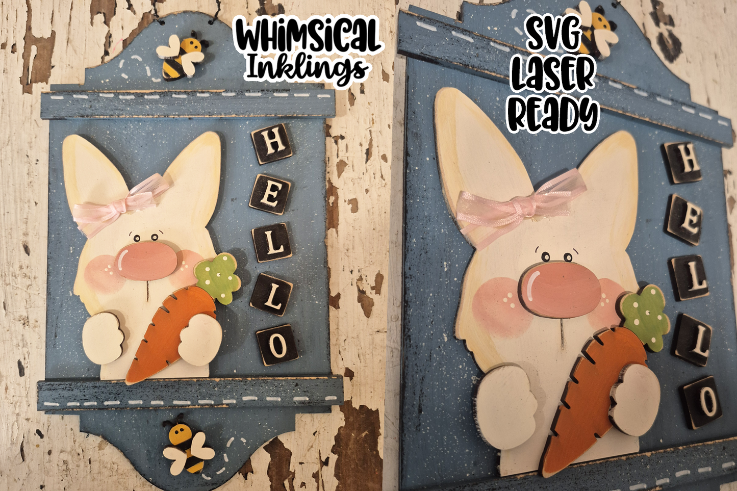 Spring Bunny Hello Sign Laser SVG