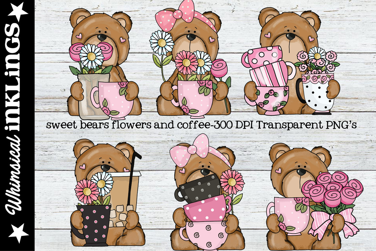 Sweet Bears Flowers & Coffee Sublimation Clipart | Spring |